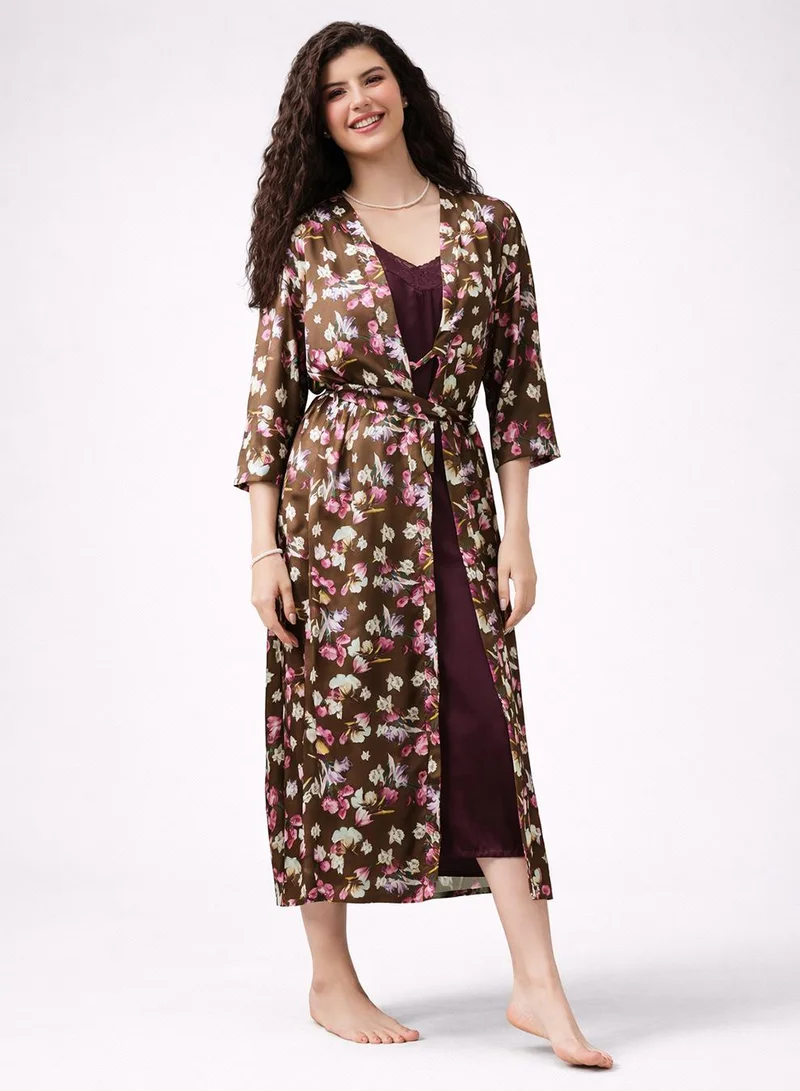 Clovia Purple Long Nighty & Robe Set in Wine Colour - Satin for Women | Best Price UAE